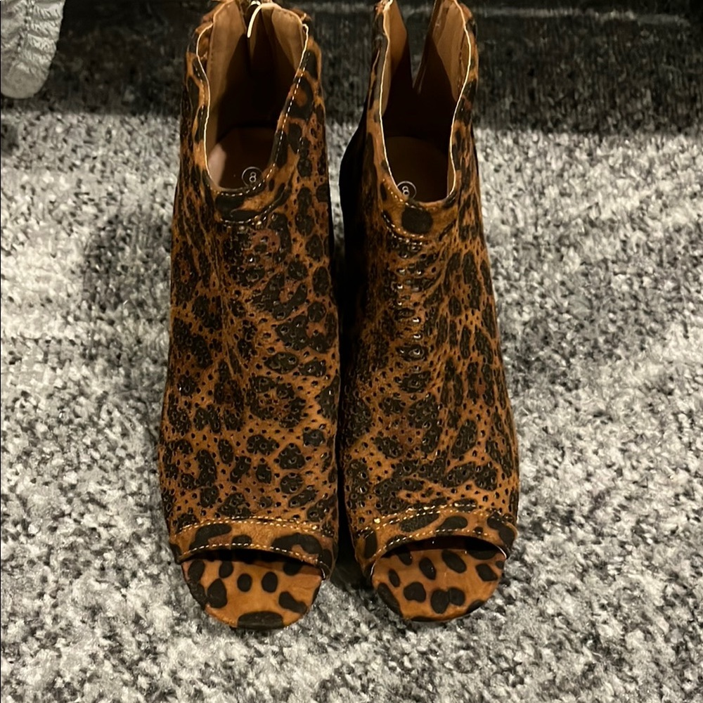 Leopard Print Peep Toe Ankle Boots
